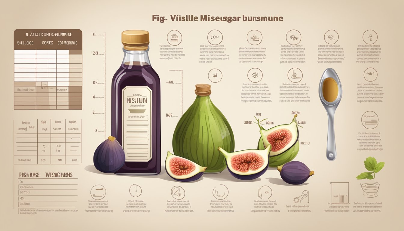 A table with a bottle of fig vinegar, a measuring spoon, and a daily consumption guideline chart