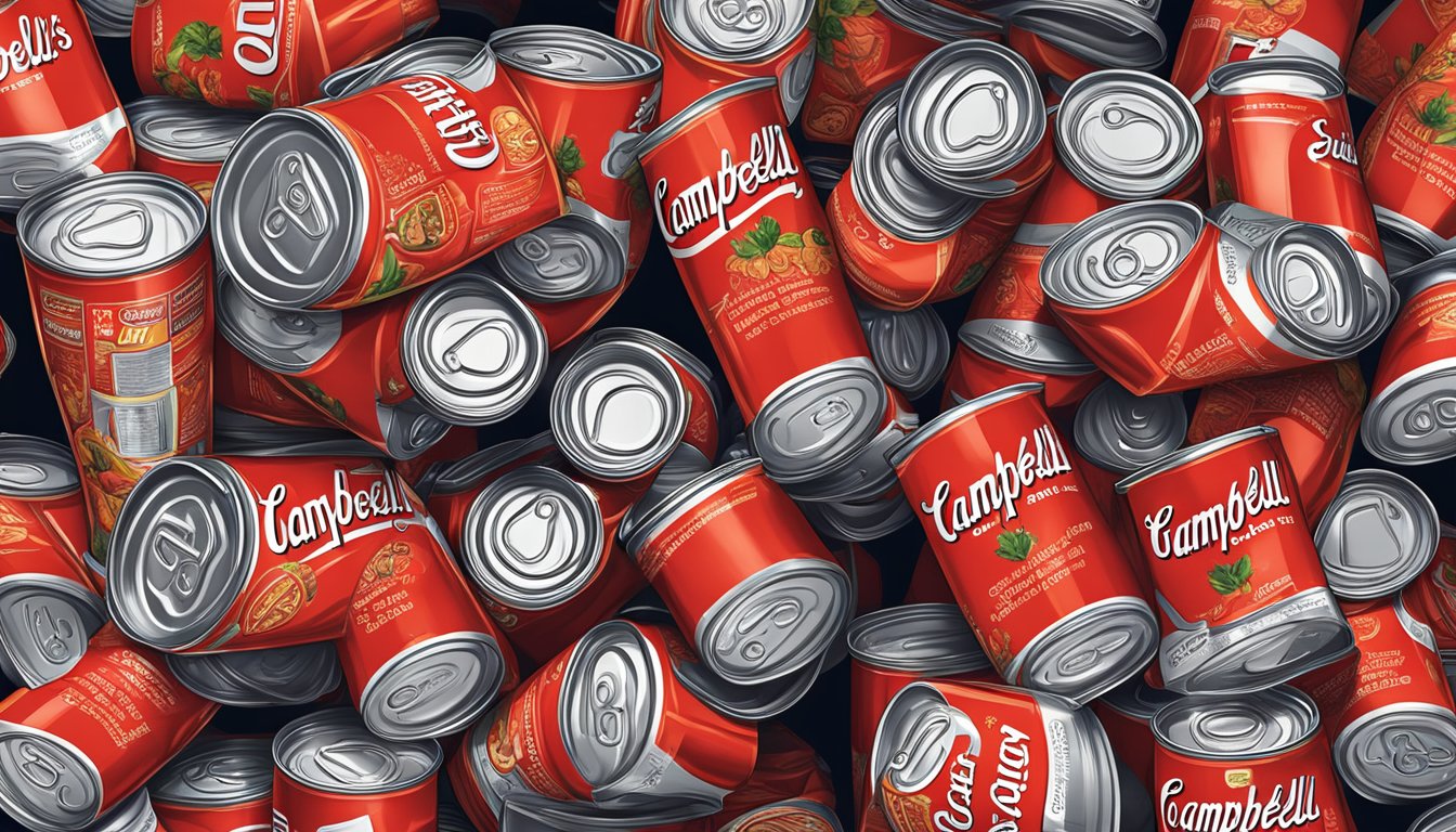 A stack of empty Campbell's tomato soup cans piled high on a kitchen counter