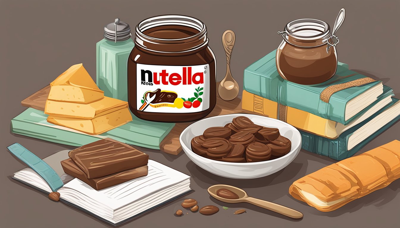 A jar of Nutella with a measuring spoon next to it, surrounded by various ingredients and recipe books