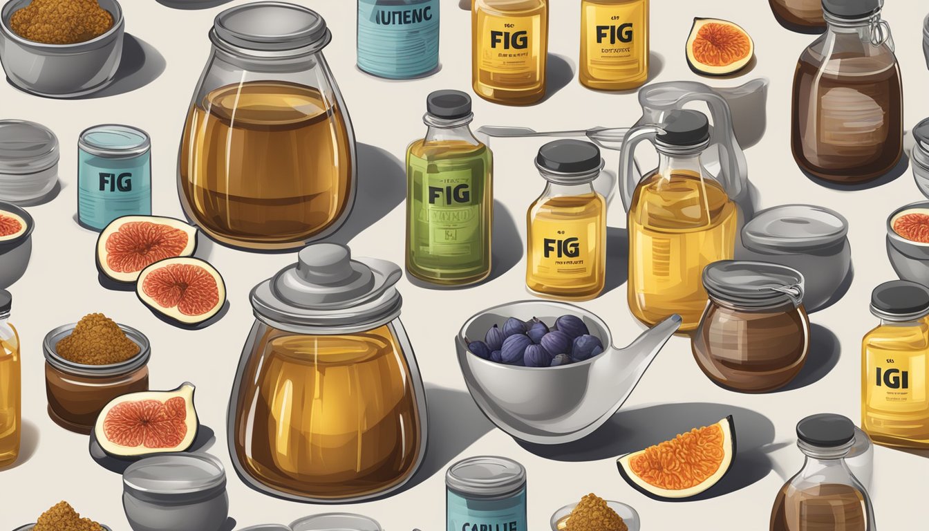 A table with various amounts of fig vinegar in labeled containers, surrounded by caution signs and a measuring spoon