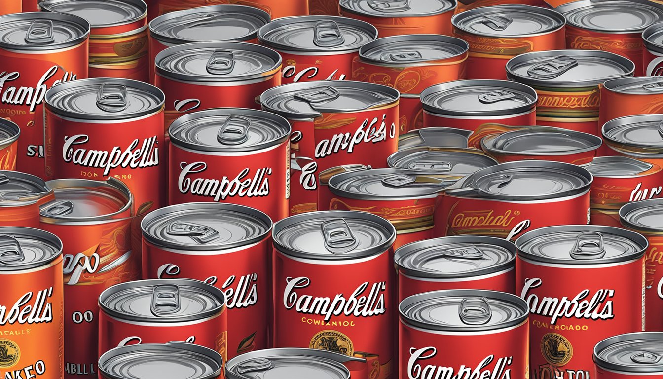 A table with multiple empty Campbell's tomato soup cans stacked on top of each other