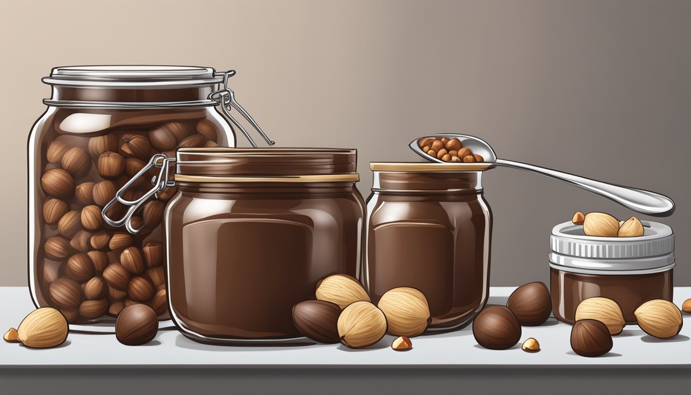 A jar of Nutella with a spoon next to it, surrounded by empty jars and scattered hazelnuts