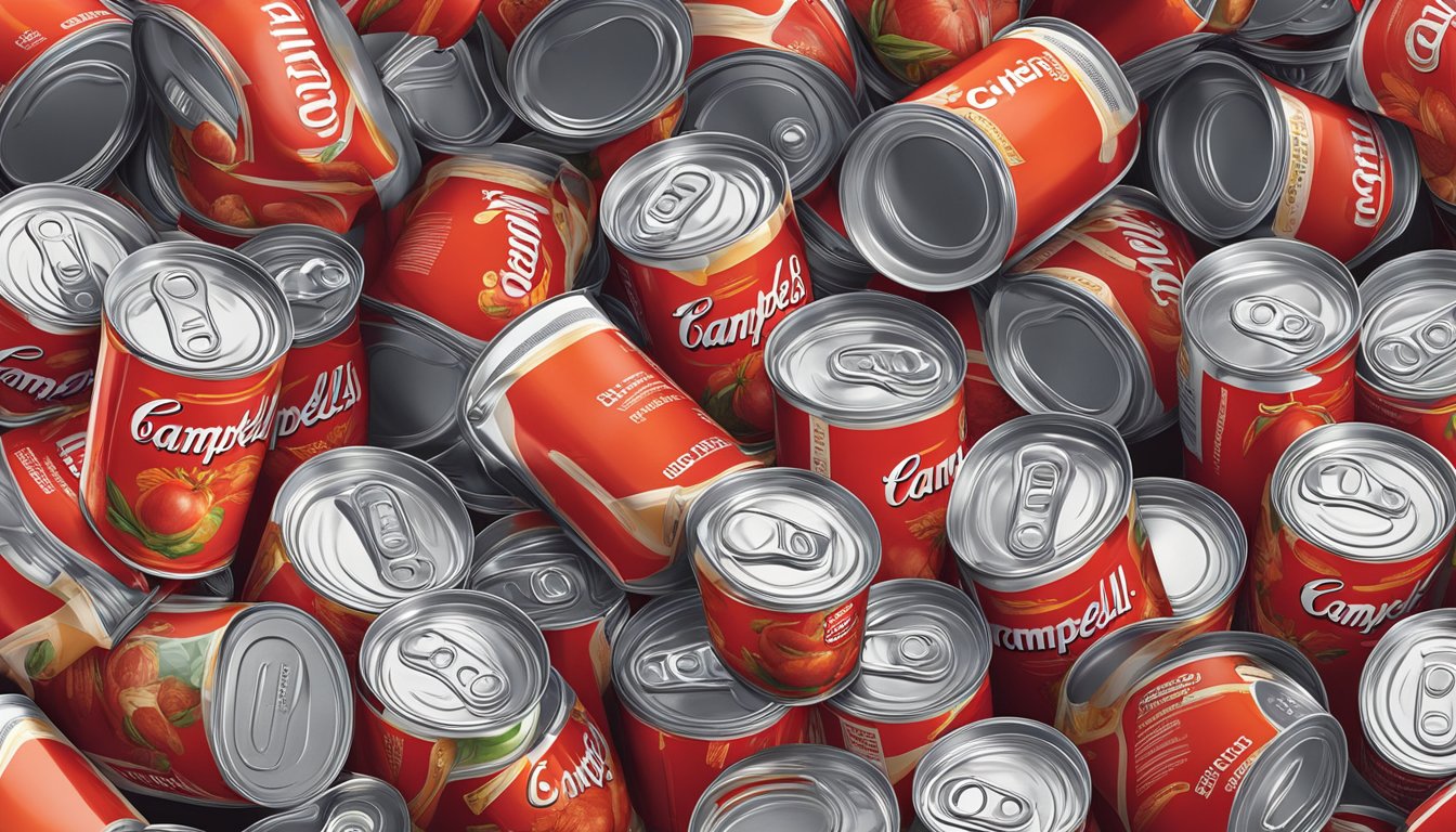 A stack of empty Campbell's tomato soup cans, with one can tipped over and spilling its contents onto the table