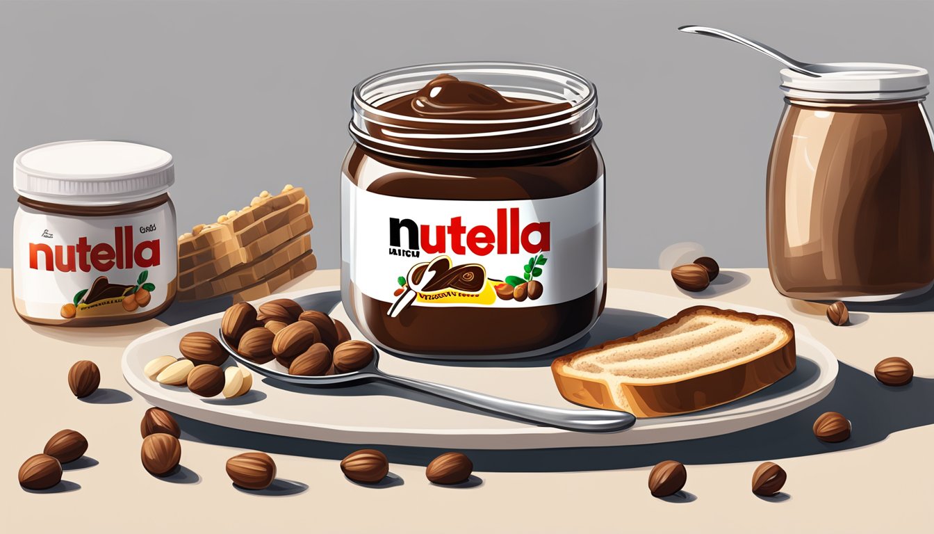 A jar of Nutella with a large spoon scooping out a thick layer onto a slice of bread, surrounded by empty jars and scattered hazelnuts