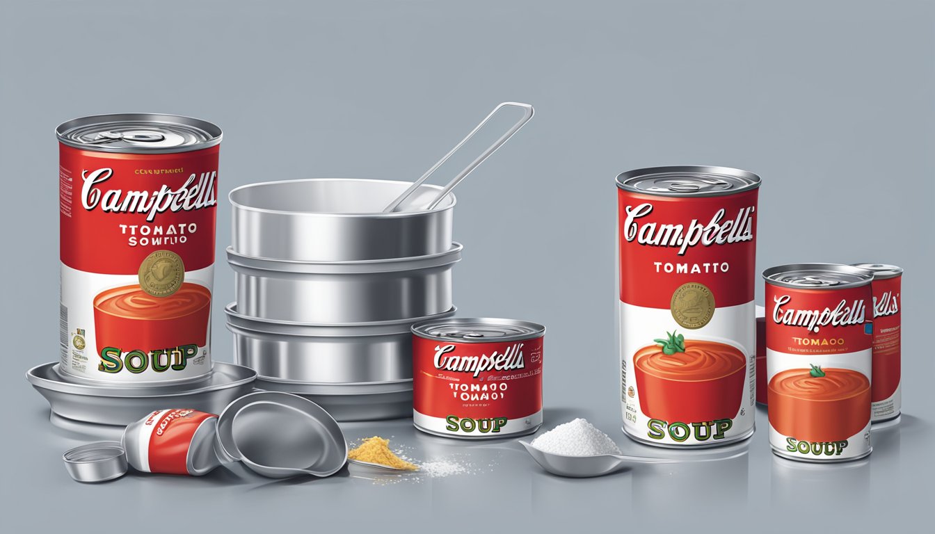 A stack of empty Campbell's tomato soup cans piled next to a measuring cup