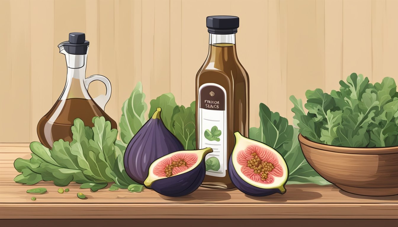 A glass bottle of fig vinegar sits on a wooden table, surrounded by fresh figs and a bowl of mixed greens. A small drizzle of vinegar is being poured over a salad