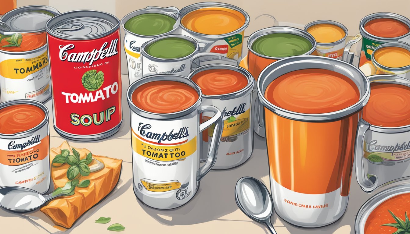 A table with multiple cans of Campbell's tomato soup, a measuring cup, and a chart showing varying amounts per day