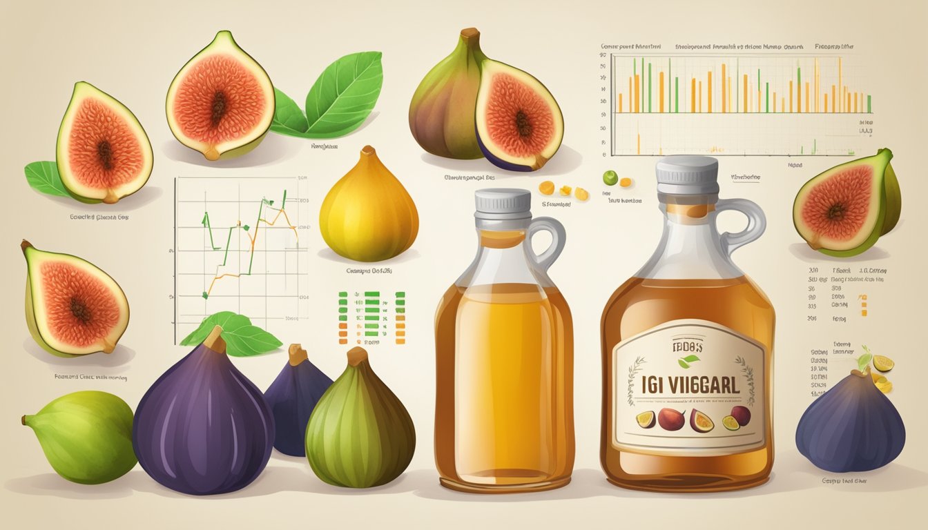 A bottle of fig vinegar surrounded by various fruits and a glycemic index chart