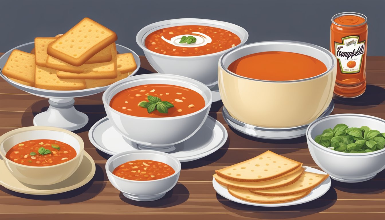 A table set with multiple bowls of Campbell's tomato soup, surrounded by various serving options such as bread, crackers, and garnishes