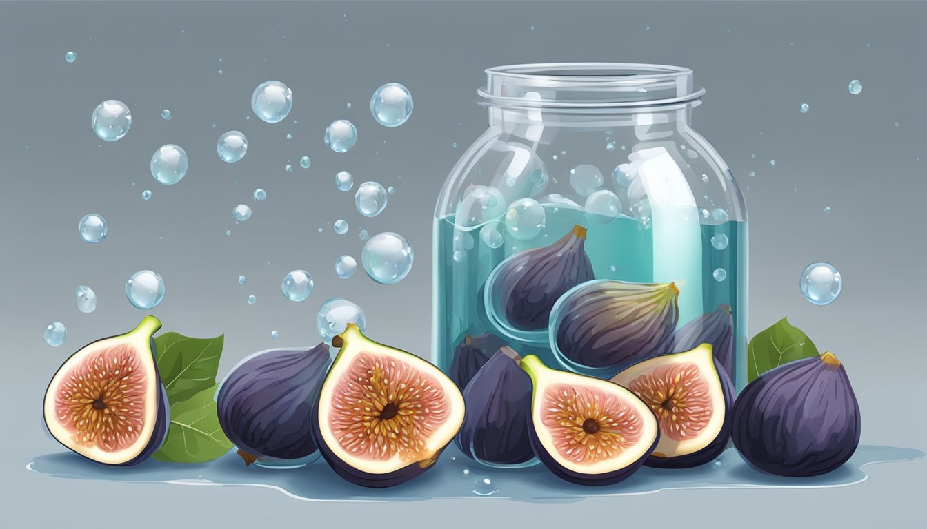 A glass jar filled with figs, submerged in liquid, bubbles rising to the surface. A small amount of liquid is poured into a measuring spoon