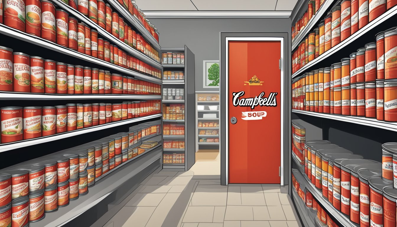 A pantry with rows of neatly organized Campbell's tomato soup cans, with a calendar on the wall indicating expiration dates