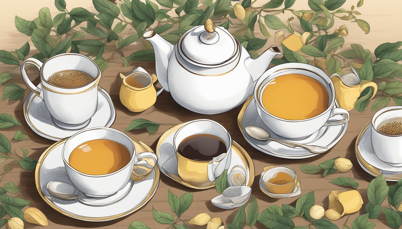 A table with multiple empty teacups and a teapot, surrounded by scattered tea leaves and a box of Twinings English Breakfast Tea