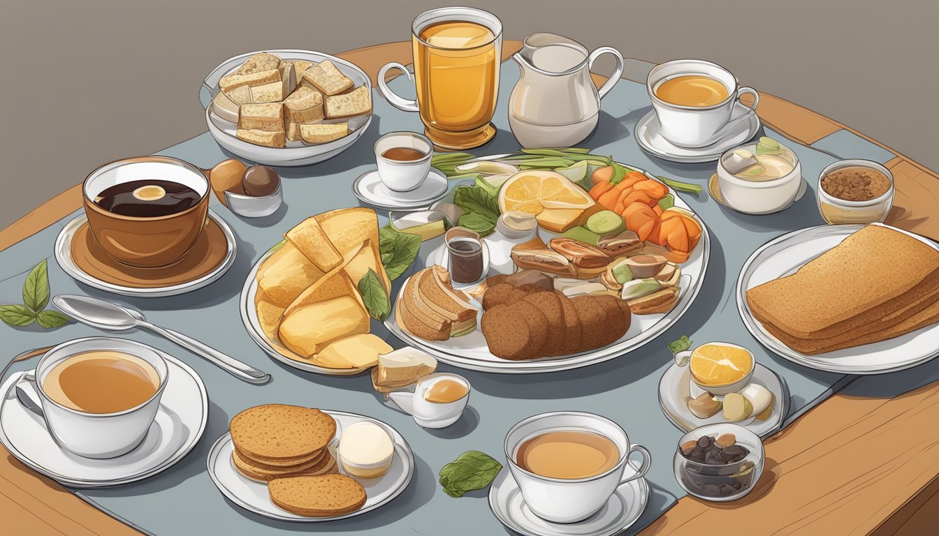 A table with multiple cups of Twinings English Breakfast tea, some empty and some full, surrounded by various healthy foods and nutritional supplements