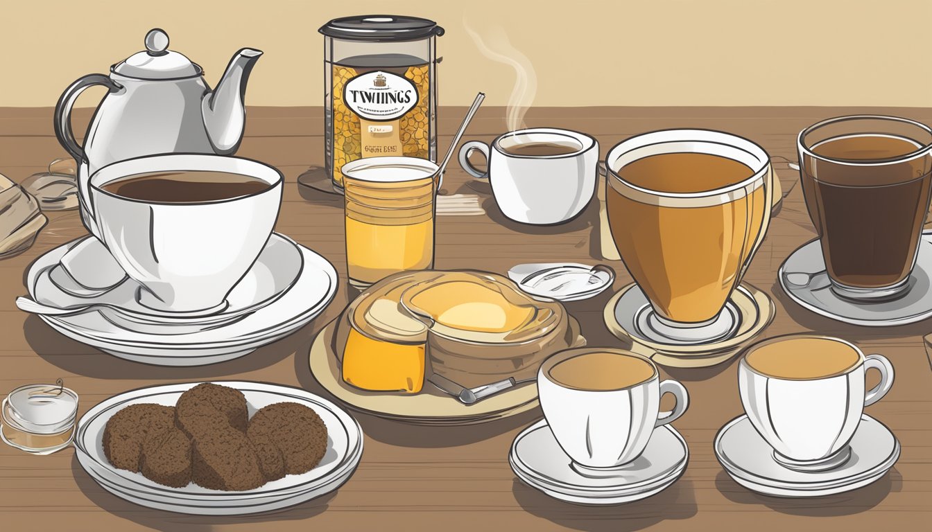 A table with multiple cups of Twinings English Breakfast tea, a measuring device, and a chart displaying caffeine levels