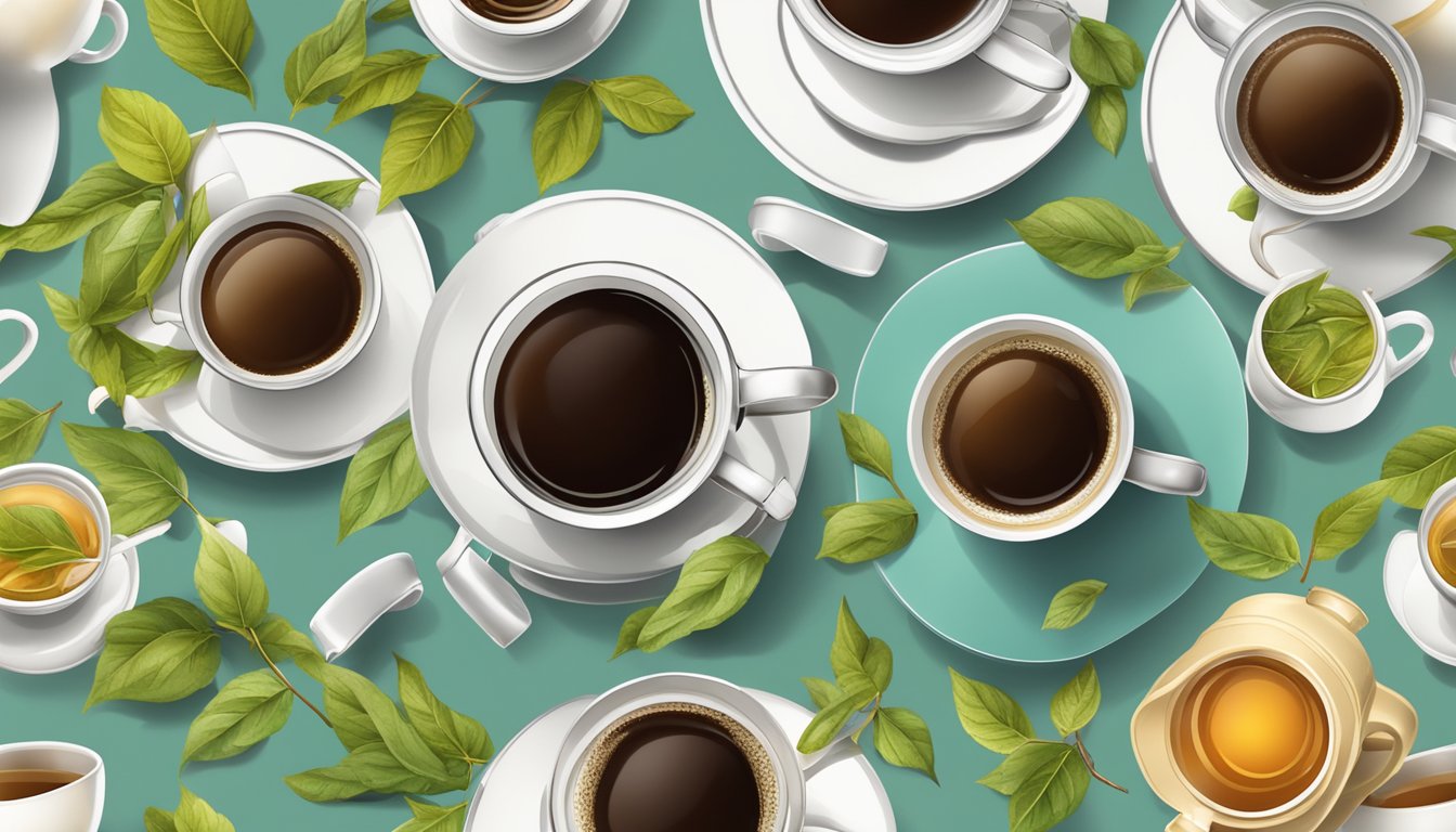 A table with multiple empty tea cups and a full teapot, surrounded by scattered tea leaves and a steaming mug