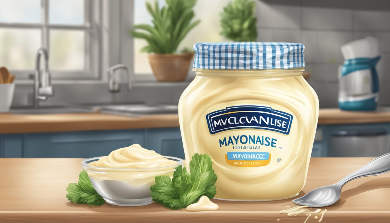 A jar of mayonnaise overflowing with a spoonful on a kitchen counter