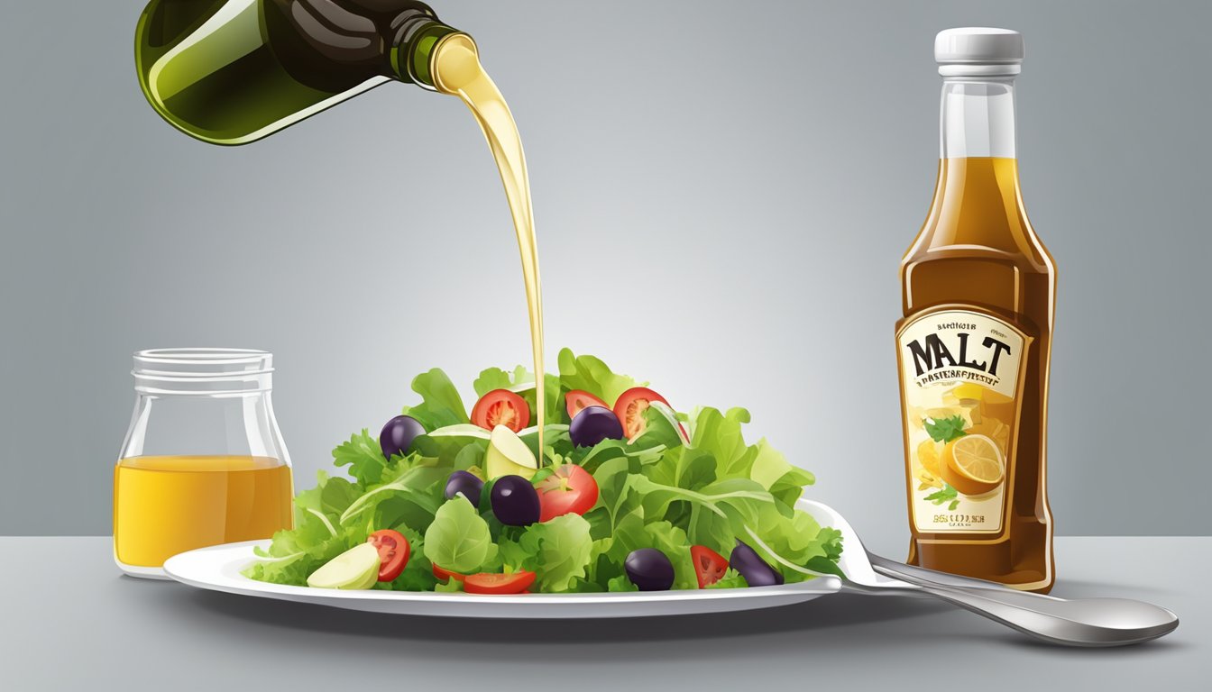 A bottle of malt vinegar pouring onto a fresh salad, with a measuring spoon next to it