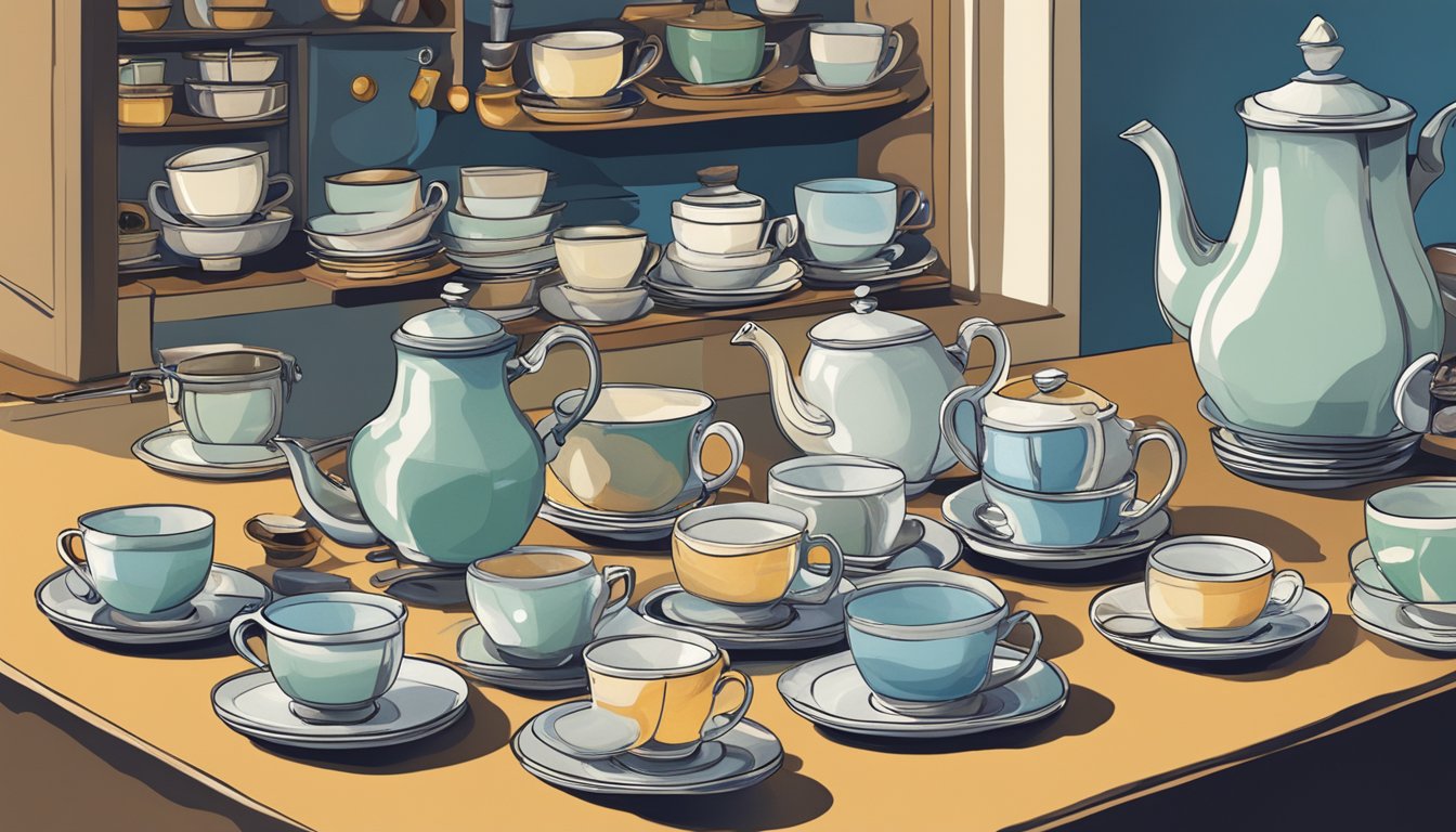 A cluttered kitchen counter with multiple empty tea cups and a overflowing teapot