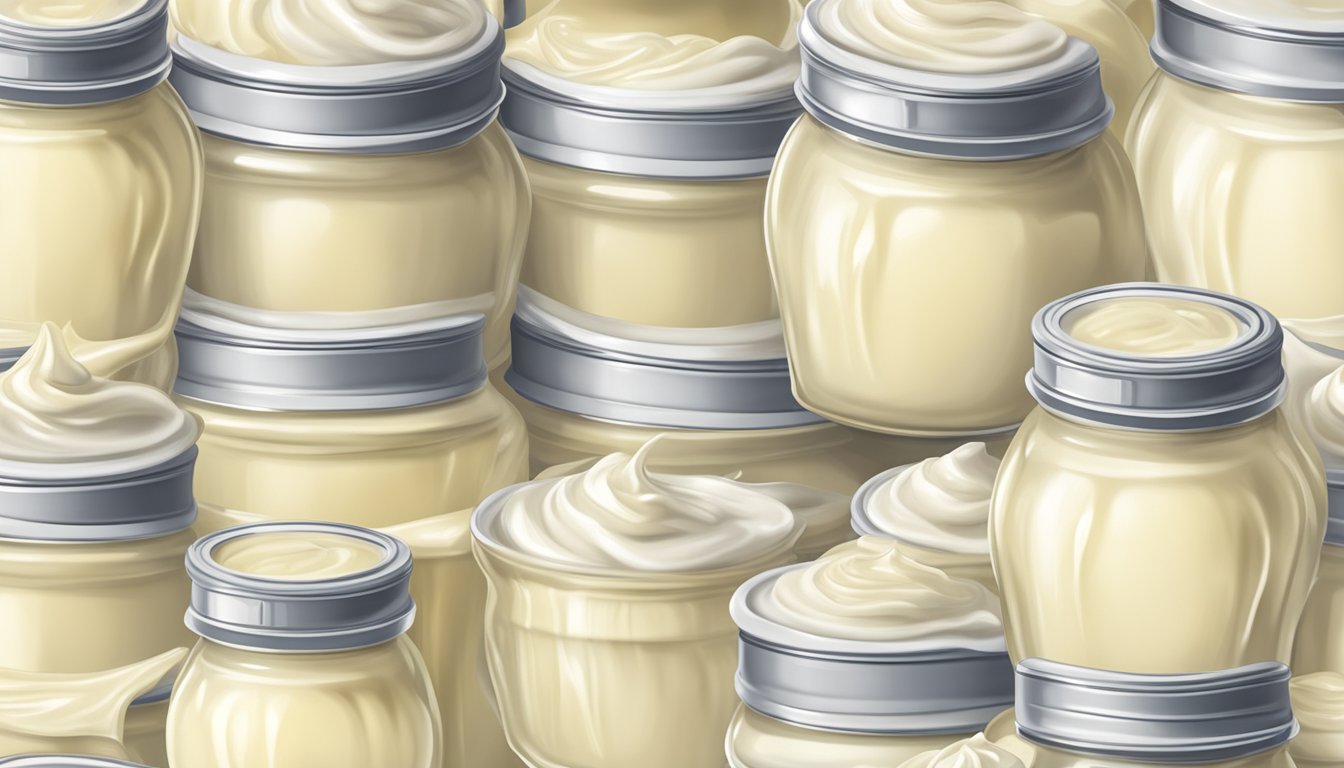 A jar of mayonnaise overflowing with a river of creamy white dressing, surrounded by empty mayonnaise containers