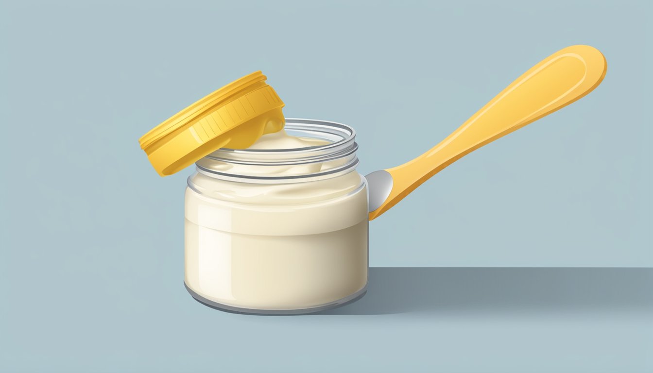 A jar of mayonnaise with a measuring spoon next to it, indicating portion control