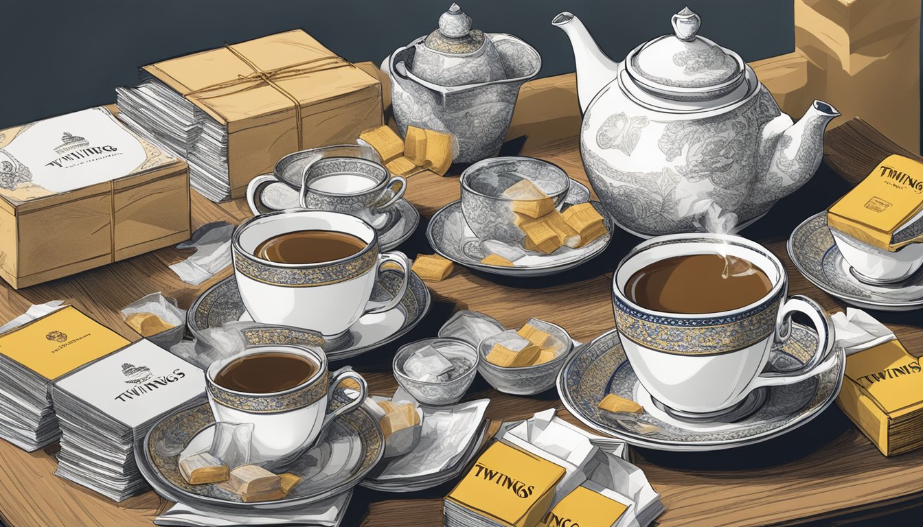 A table with an overflowing teacup, empty boxes of Twinings English Breakfast tea, and a pile of used tea bags