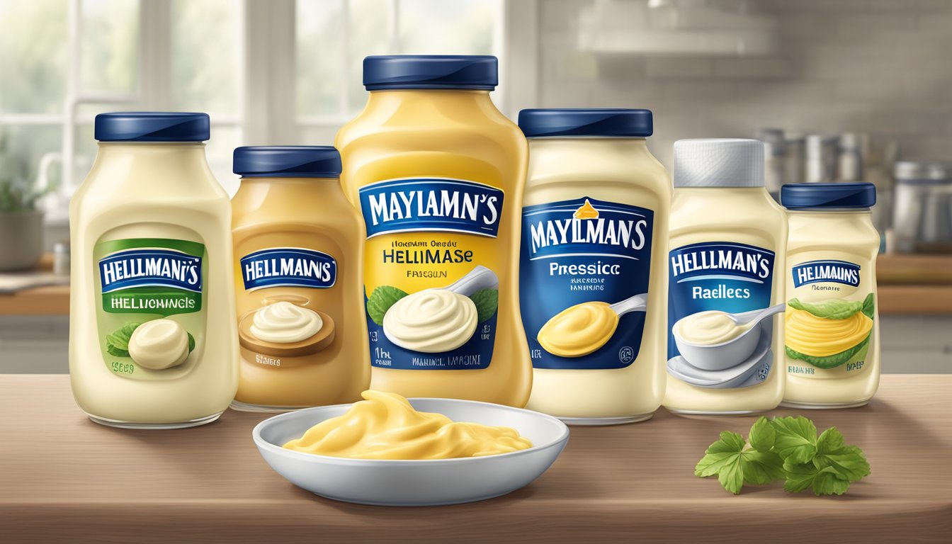 A table with various jars of mayonnaise, including Hellmann's, arranged for comparison