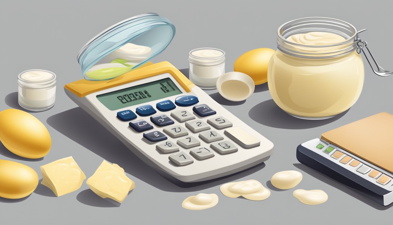 A table with multiple jars of mayonnaise, a measuring spoon, and a calculator