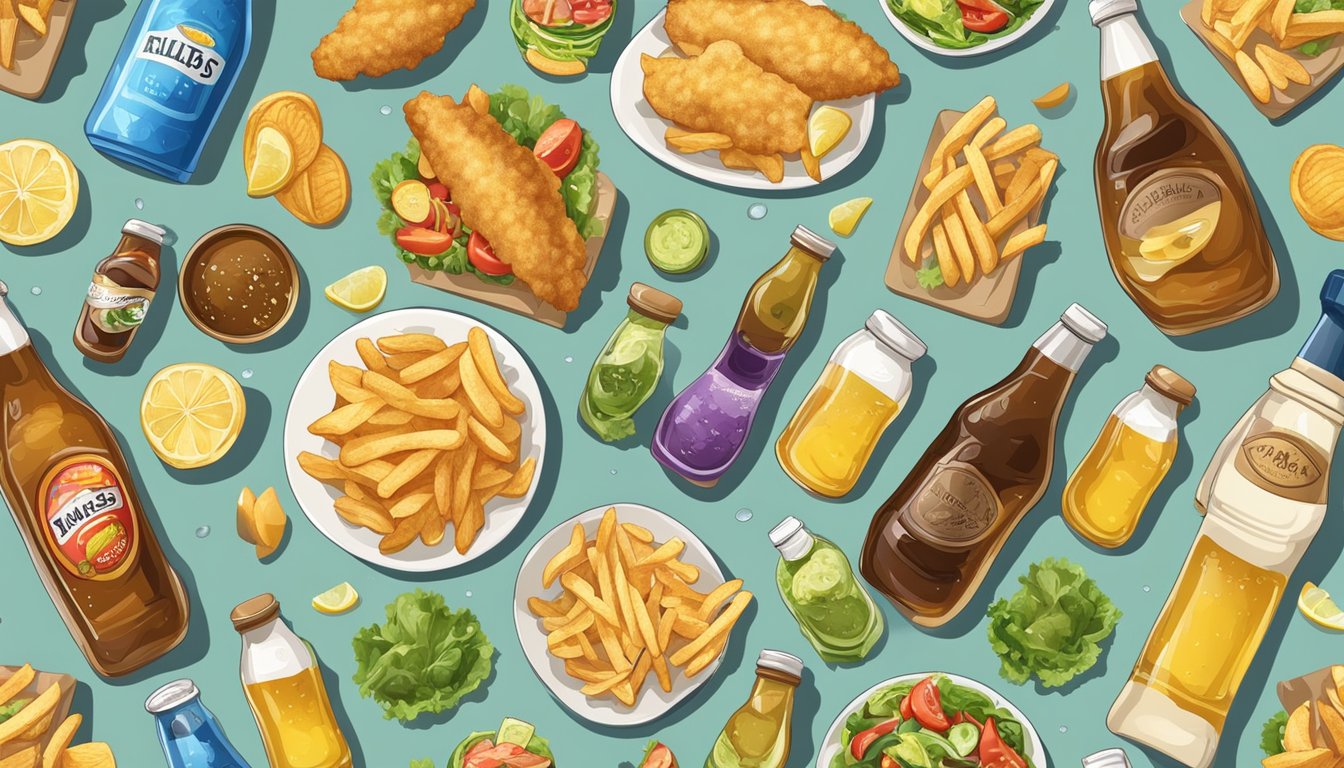 A bottle of malt vinegar overflowing with droplets, surrounded by various food items like fish and chips, salad, and pickles