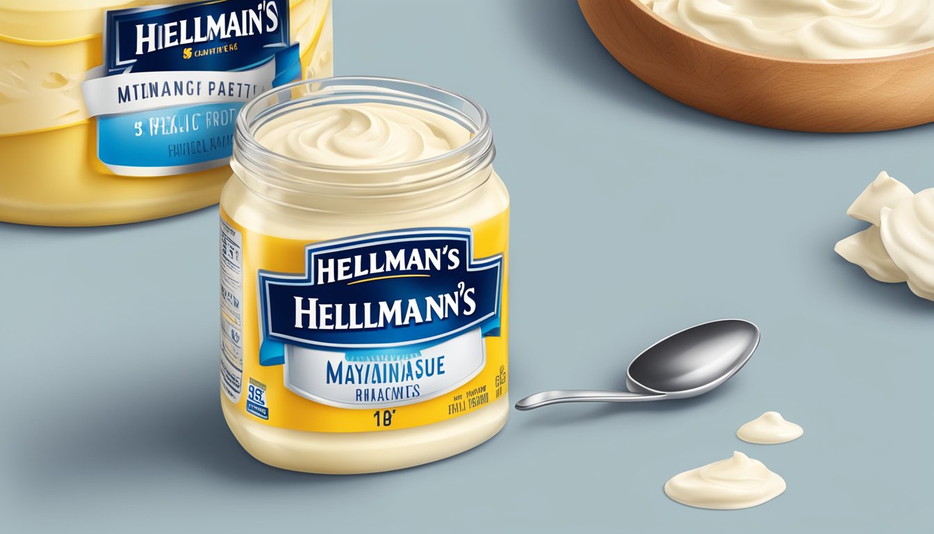 A jar of Hellmann's mayonnaise with a measuring spoon next to it, indicating portion size