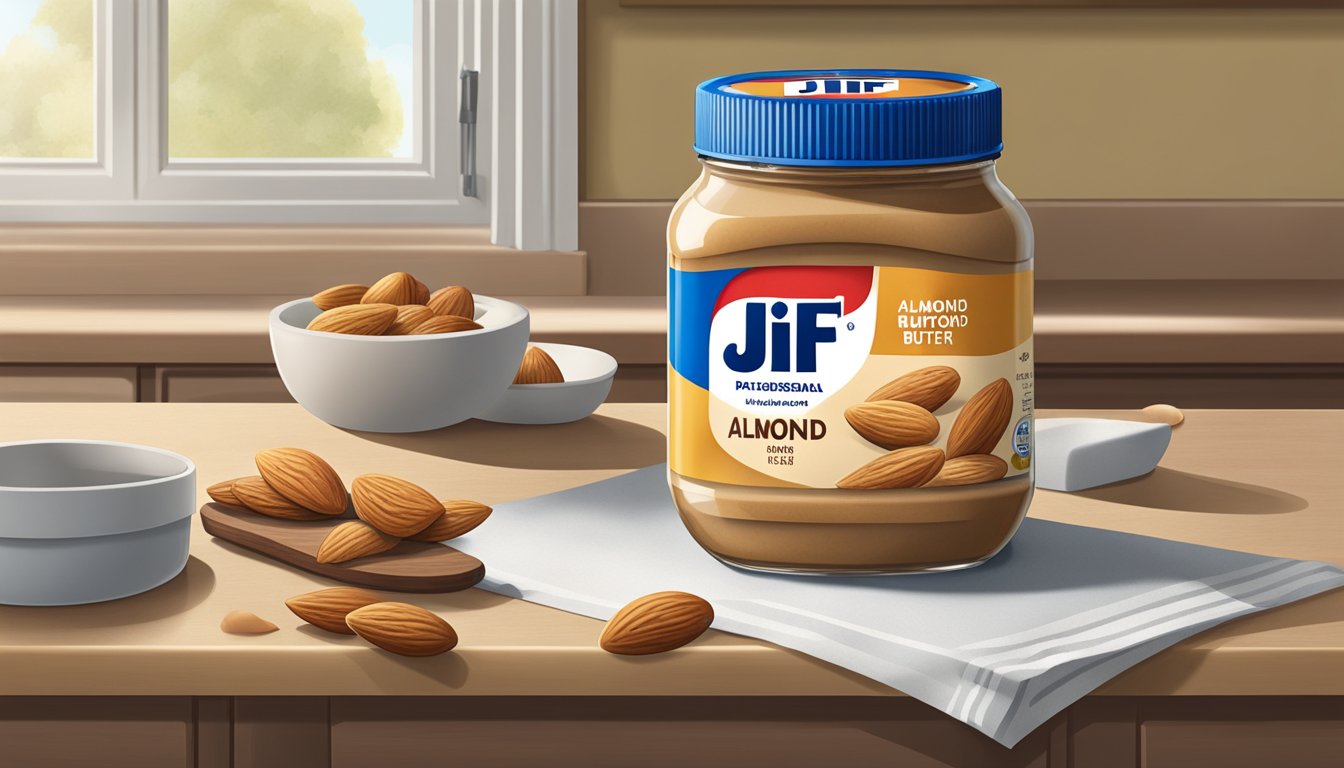 A jar of Jif almond butter sits open on a kitchen counter, surrounded by a few sliced almonds