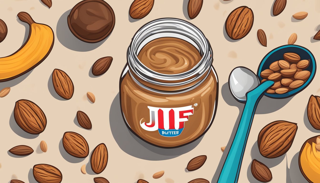 A jar of Jif almond butter with a measuring spoon next to it, surrounded by various nuts and seeds