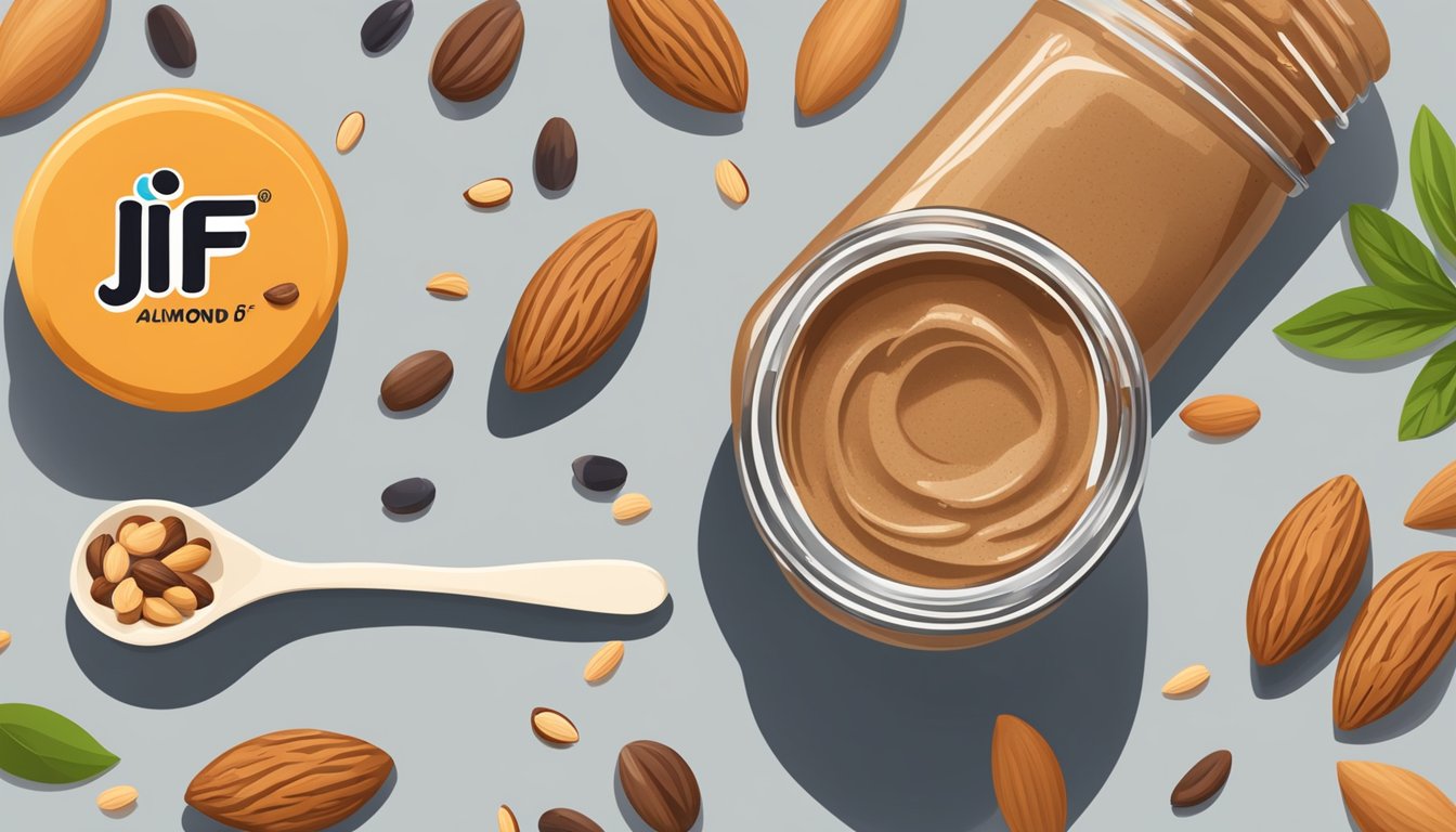 A jar of Jif almond butter with a measuring spoon next to it, surrounded by various nuts and seeds