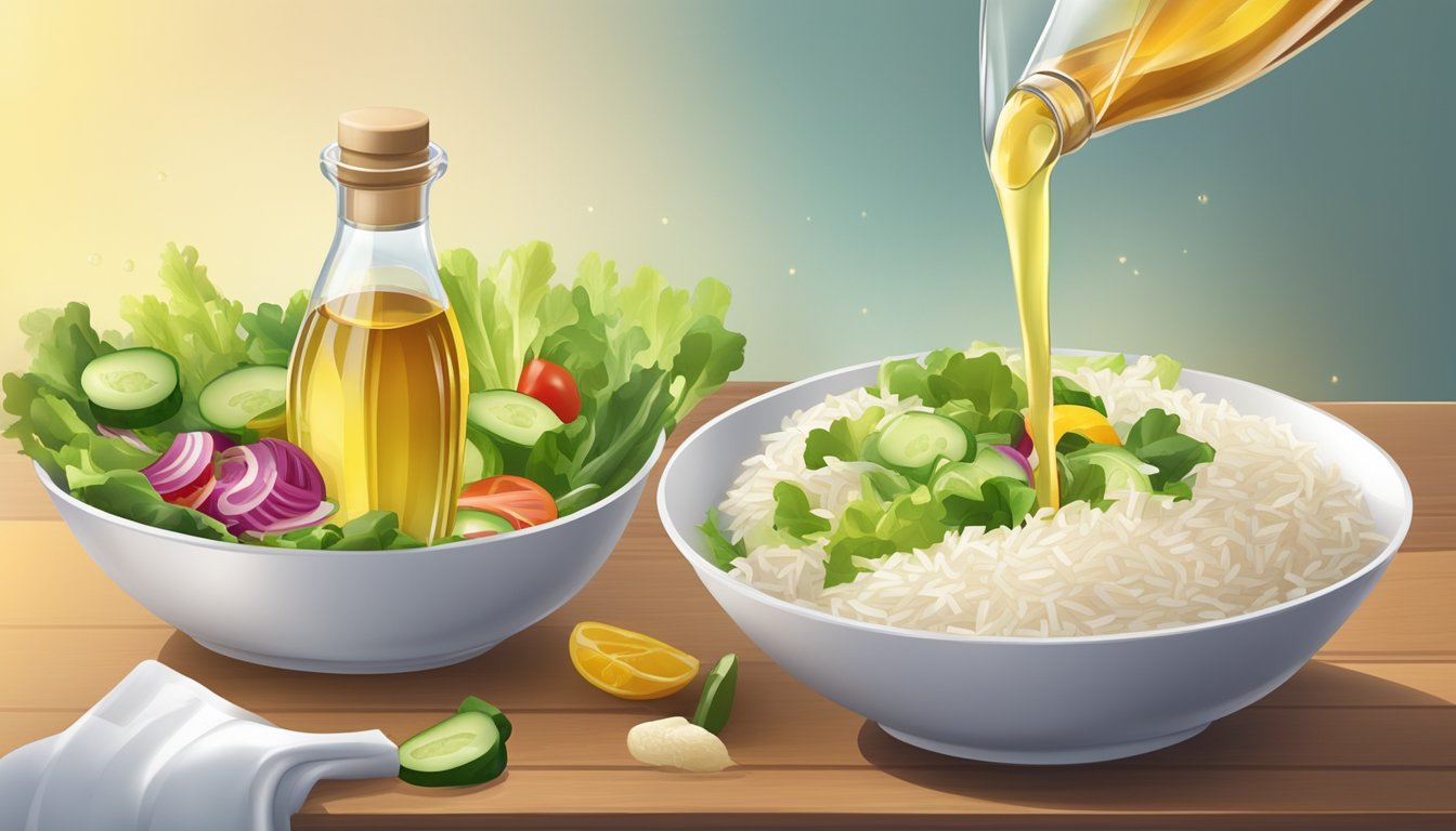 A bottle of rice vinegar pouring into a bowl of salad, with various types of vinegar displayed in the background