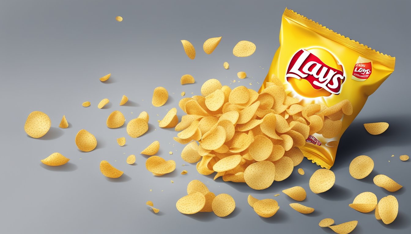 A bag of Lays potato chips overflowing from a bowl, with crumbs scattered around