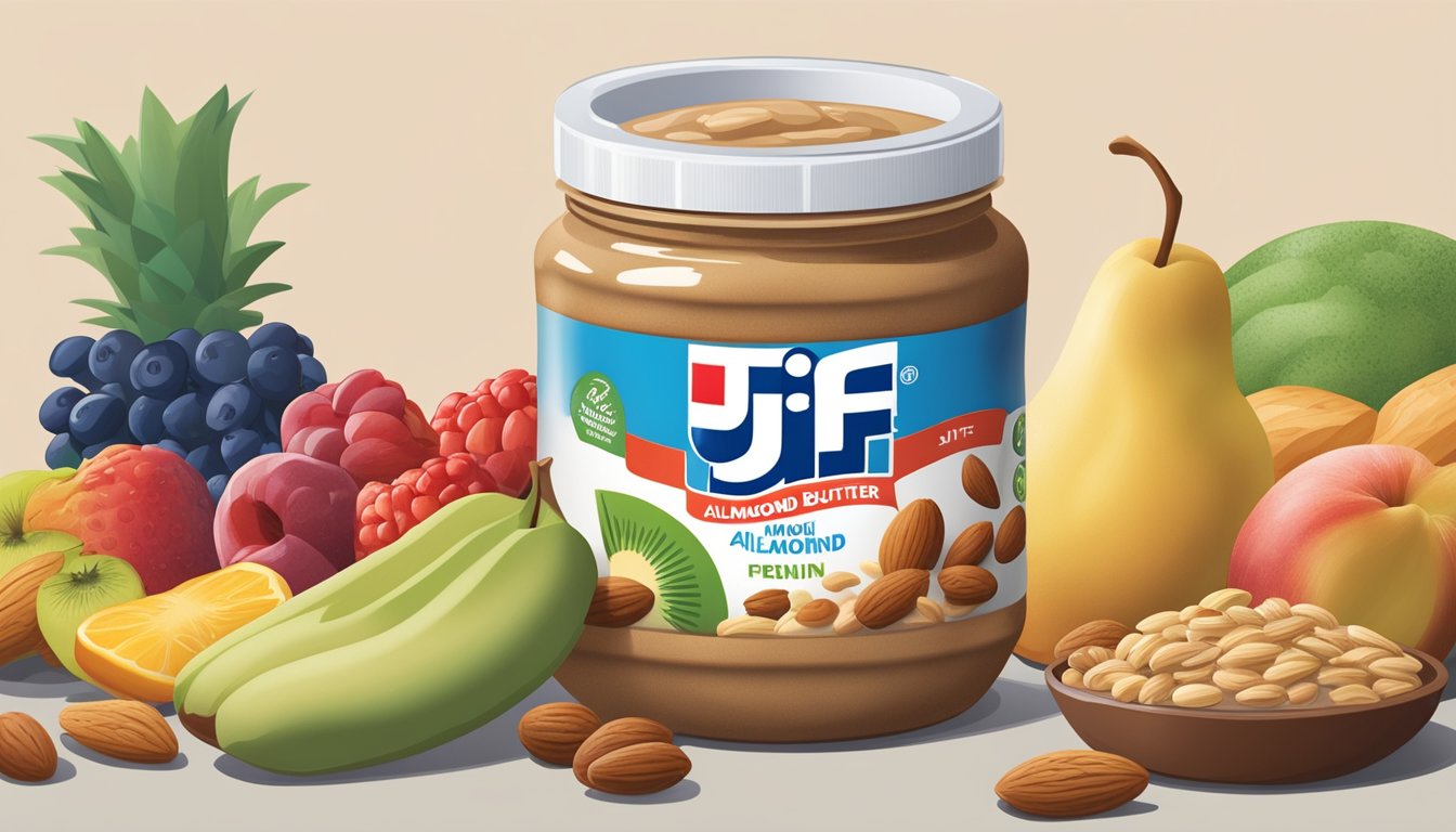 A jar of Jif almond butter sits on a kitchen counter, surrounded by a variety of fruits, nuts, and whole grain bread