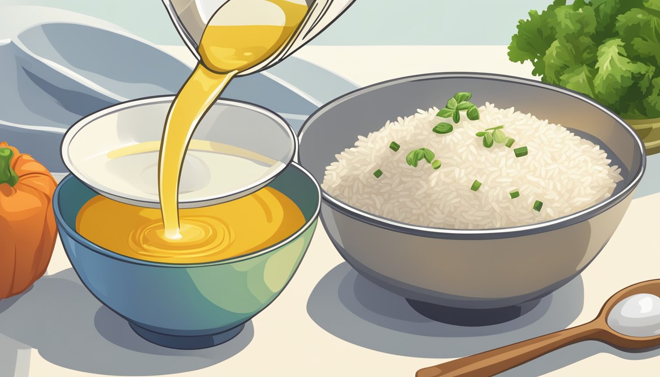 A bottle of rice vinegar pouring into a measuring spoon, with a bowl of rice and vegetables in the background