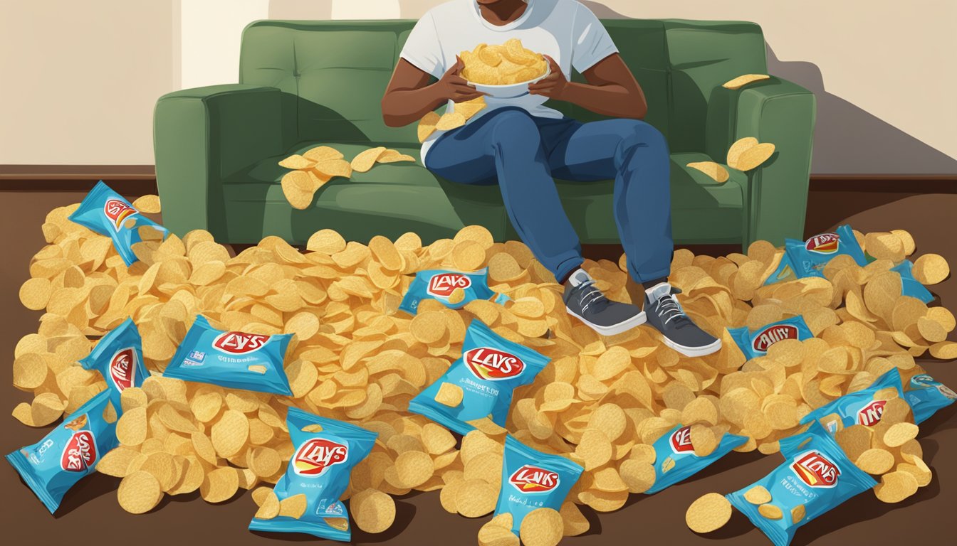 A pile of empty Lays potato chip bags scattered around a person sitting on the couch, surrounded by more bags and a large bowl of chips