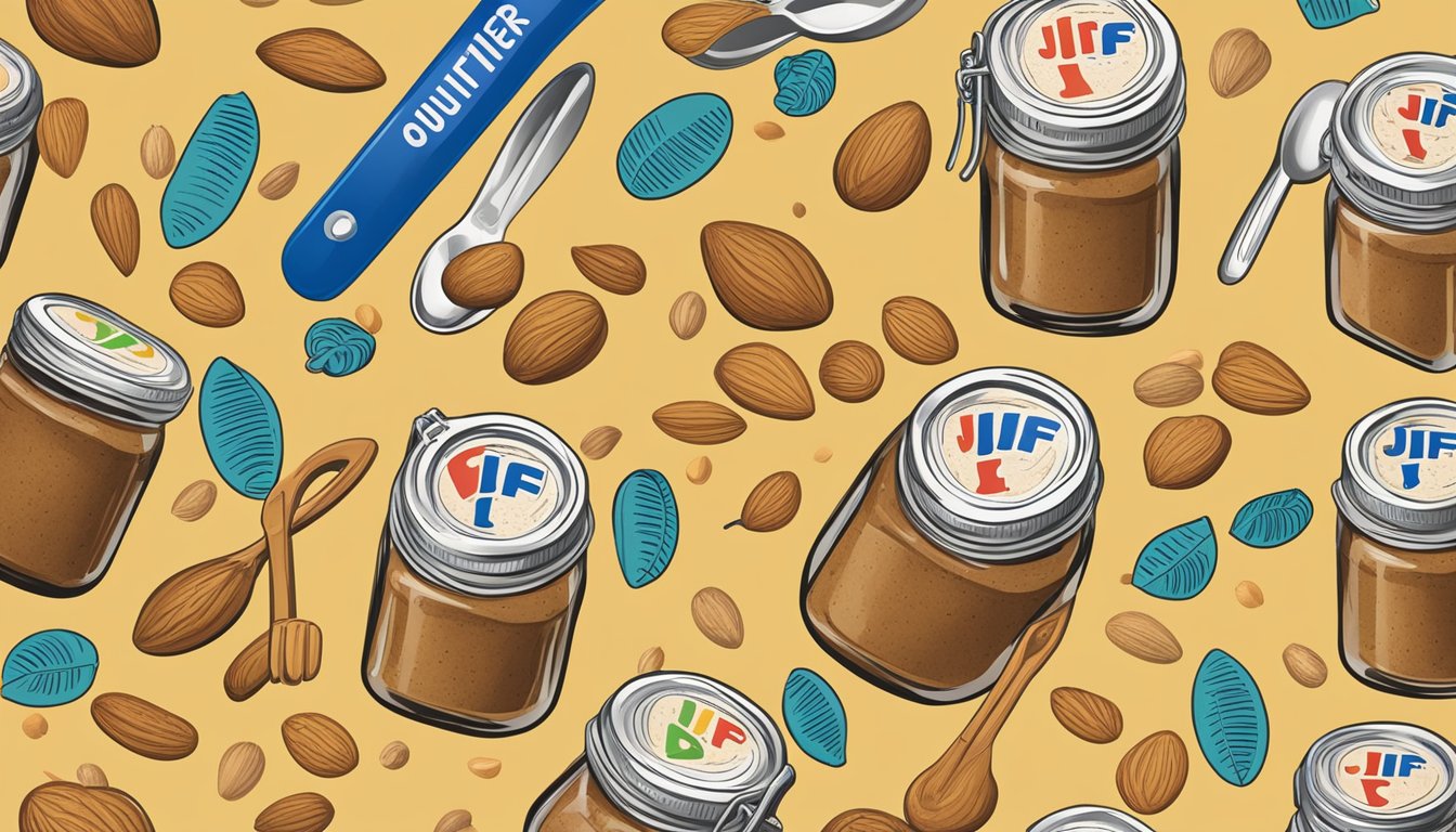 A jar of Jif almond butter surrounded by caution signs and measuring spoons, with a question mark hovering above it