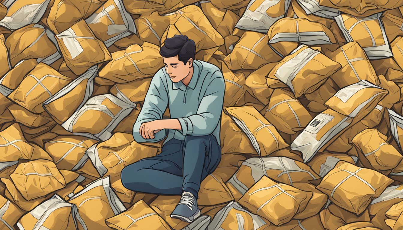 A person surrounded by multiple empty bags of potato chips, with a pile of unopened bags nearby