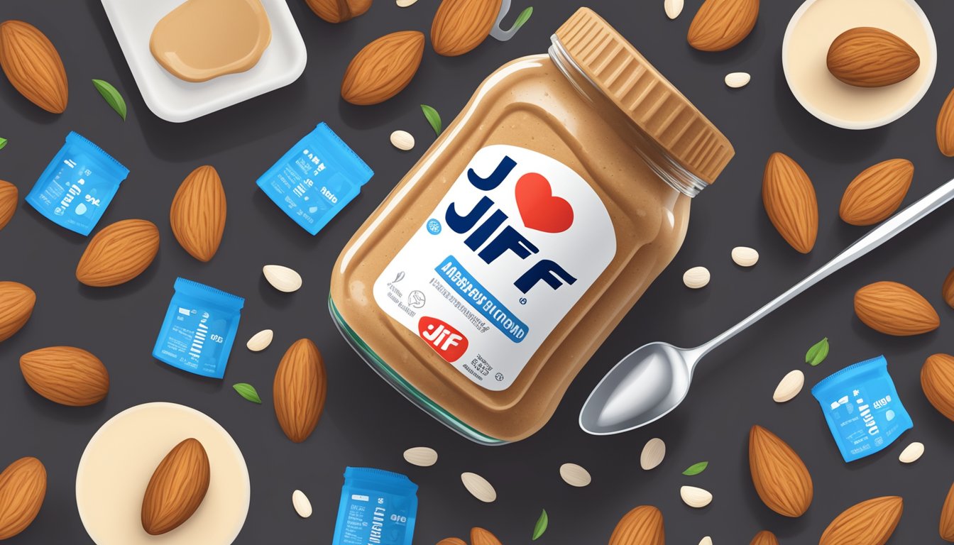 A jar of Jif almond butter with a measuring spoon next to it, surrounded by various dietary restriction symbols and labels