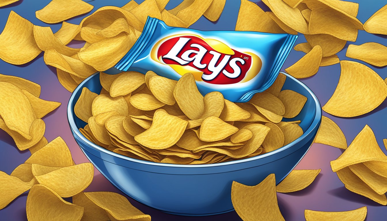 A bowl of Lay's chips overflowing on a table, surrounded by empty bags