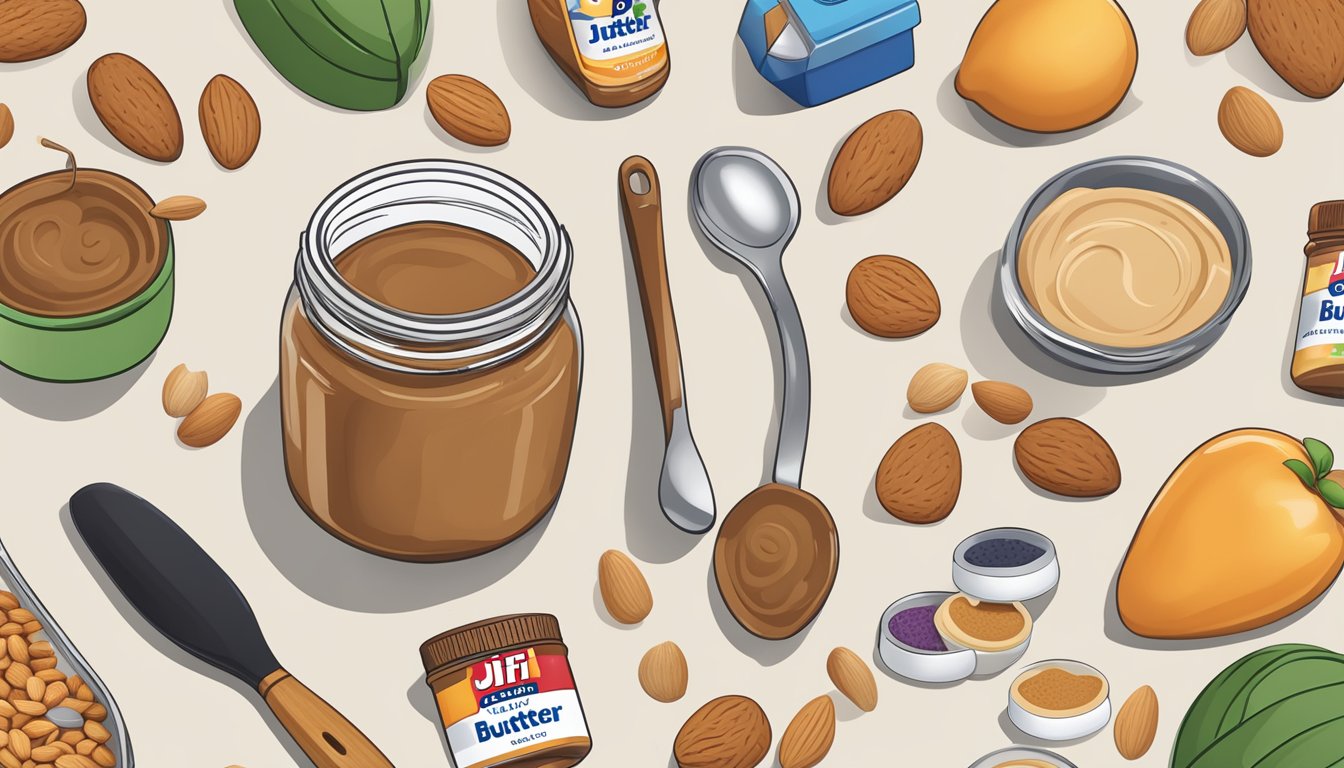 A jar of Jif almond butter surrounded by various health-related items and a measuring spoon