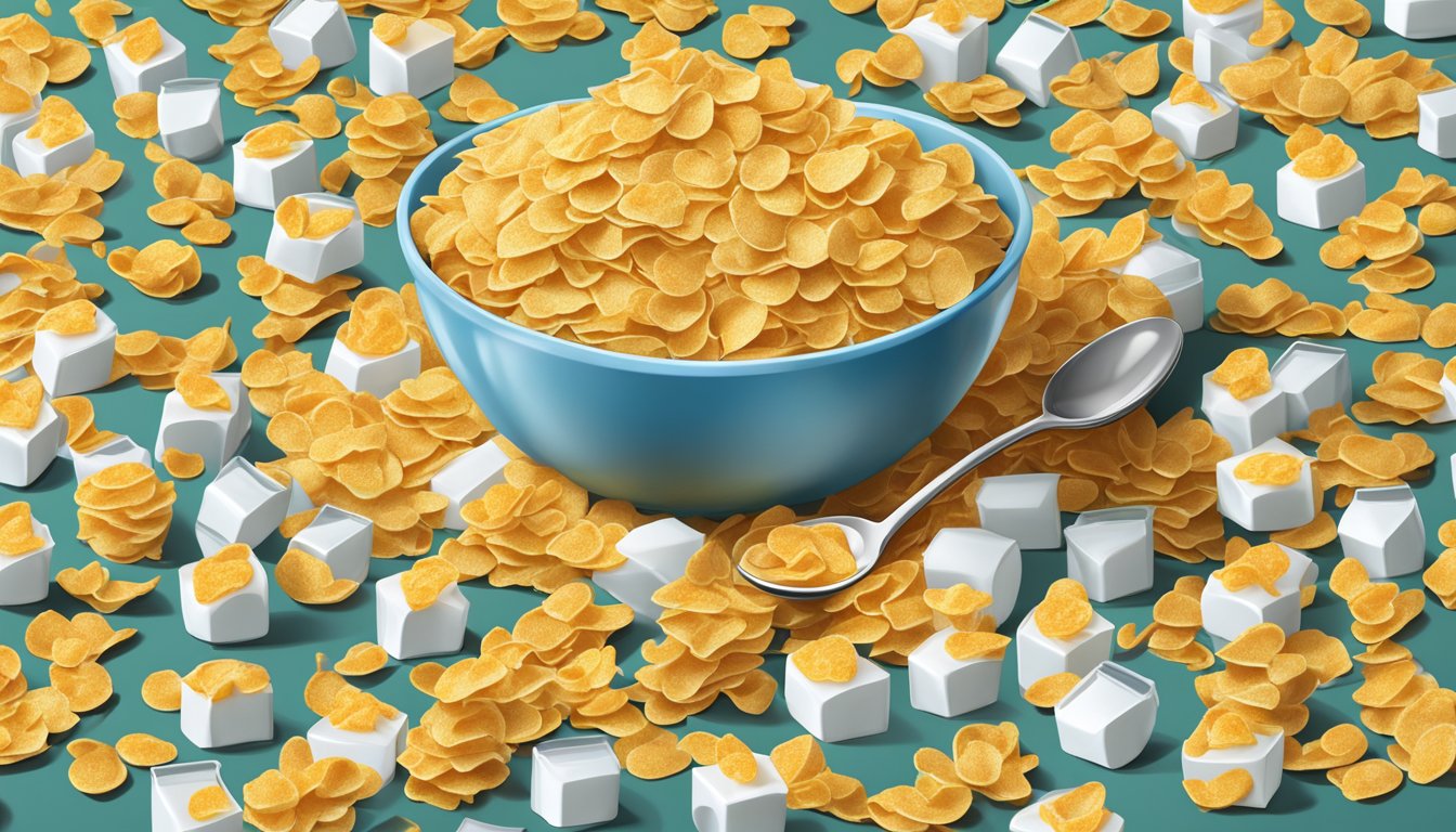 A bowl overflowing with Kellogg's Corn Flakes, surrounded by empty milk cartons and a spoon