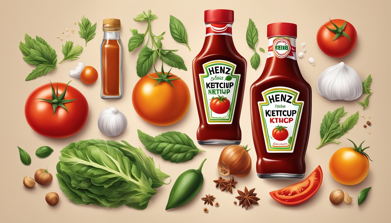 A bottle of Heinz ketchup surrounded by various ingredients like tomatoes, vinegar, sugar, and spices