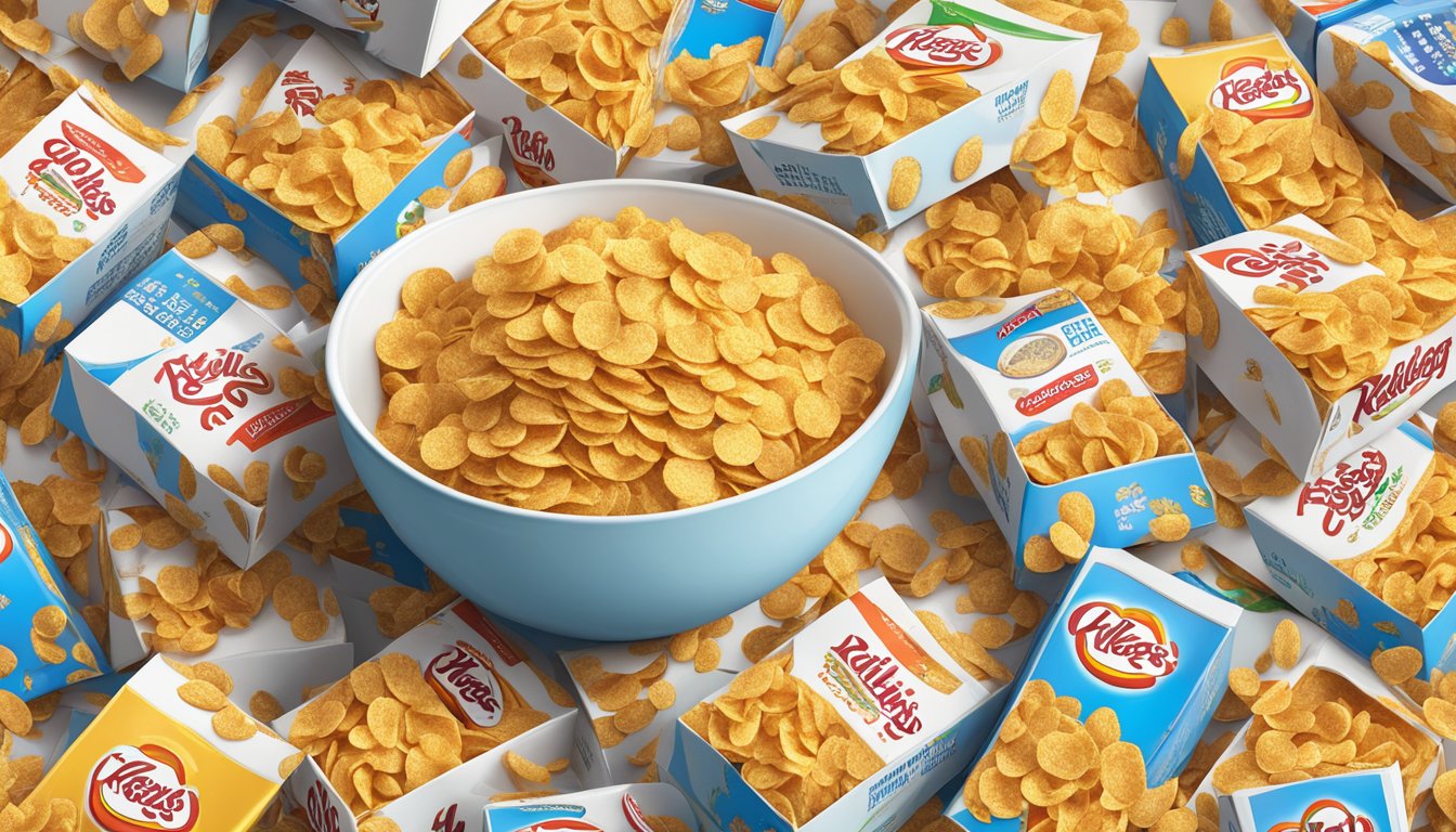 A bowl overflowing with Kellogg's Corn Flakes, surrounded by empty cereal boxes