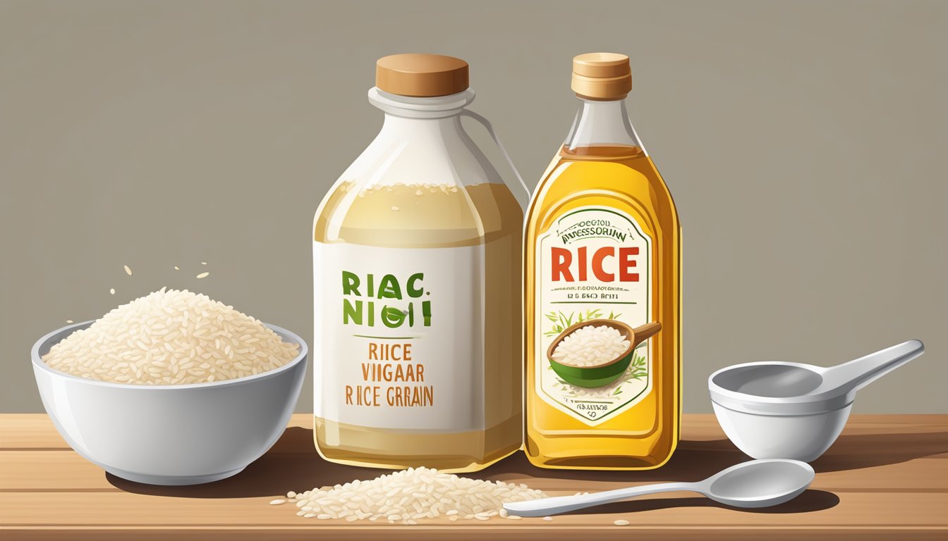 A bottle of rice vinegar overflowing with rice grains, a measuring spoon, and a warning label