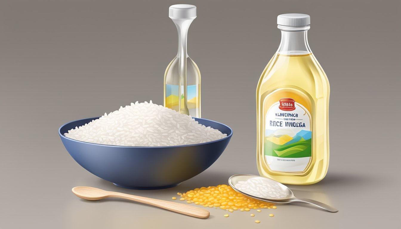 A bottle of rice vinegar overflowing with droplets, surrounded by measuring spoons and a nutrition label