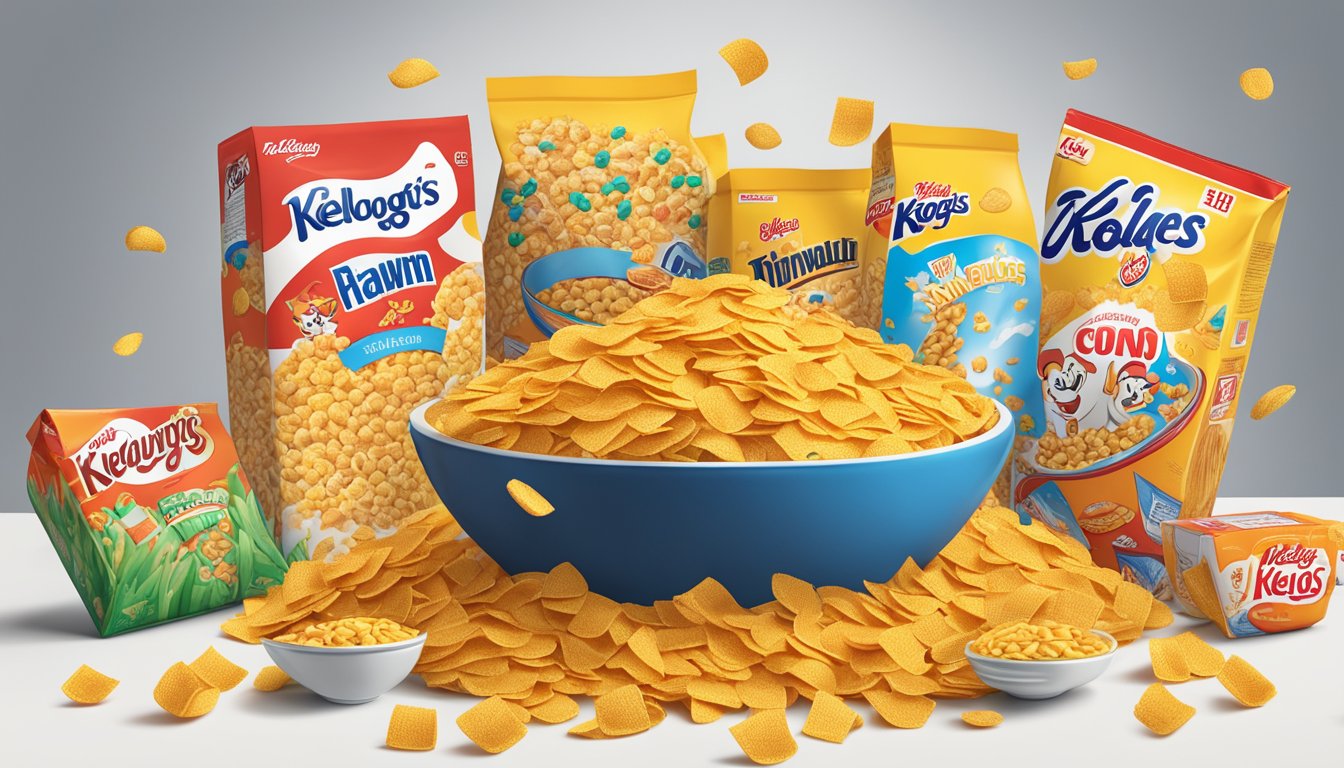 A bowl overflowing with Kellogg's Corn Flakes, surrounded by empty cereal boxes