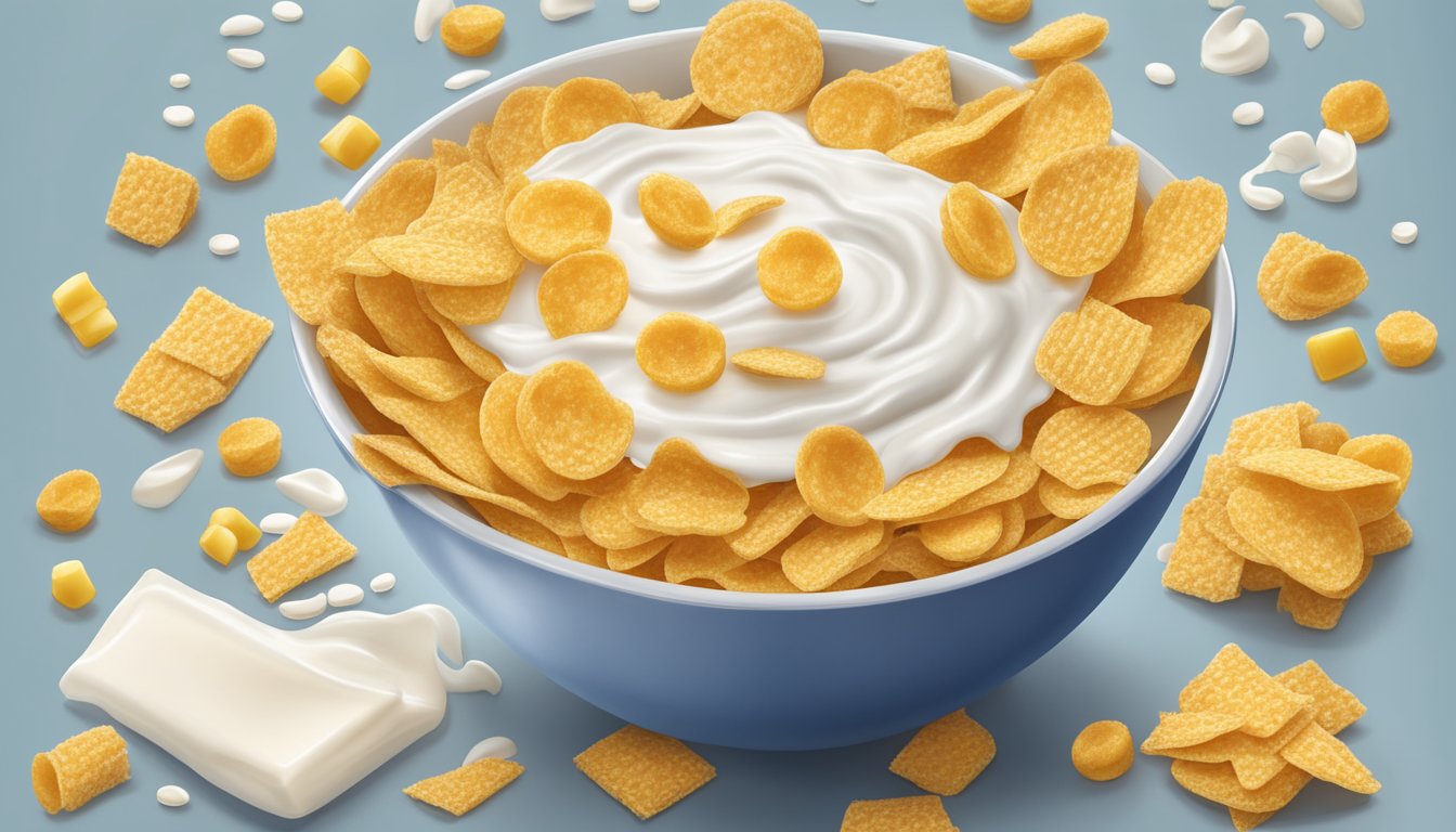 A bowl of Kellogg's Corn Flakes overflowing with milk, surrounded by empty cereal boxes and a nutrition label