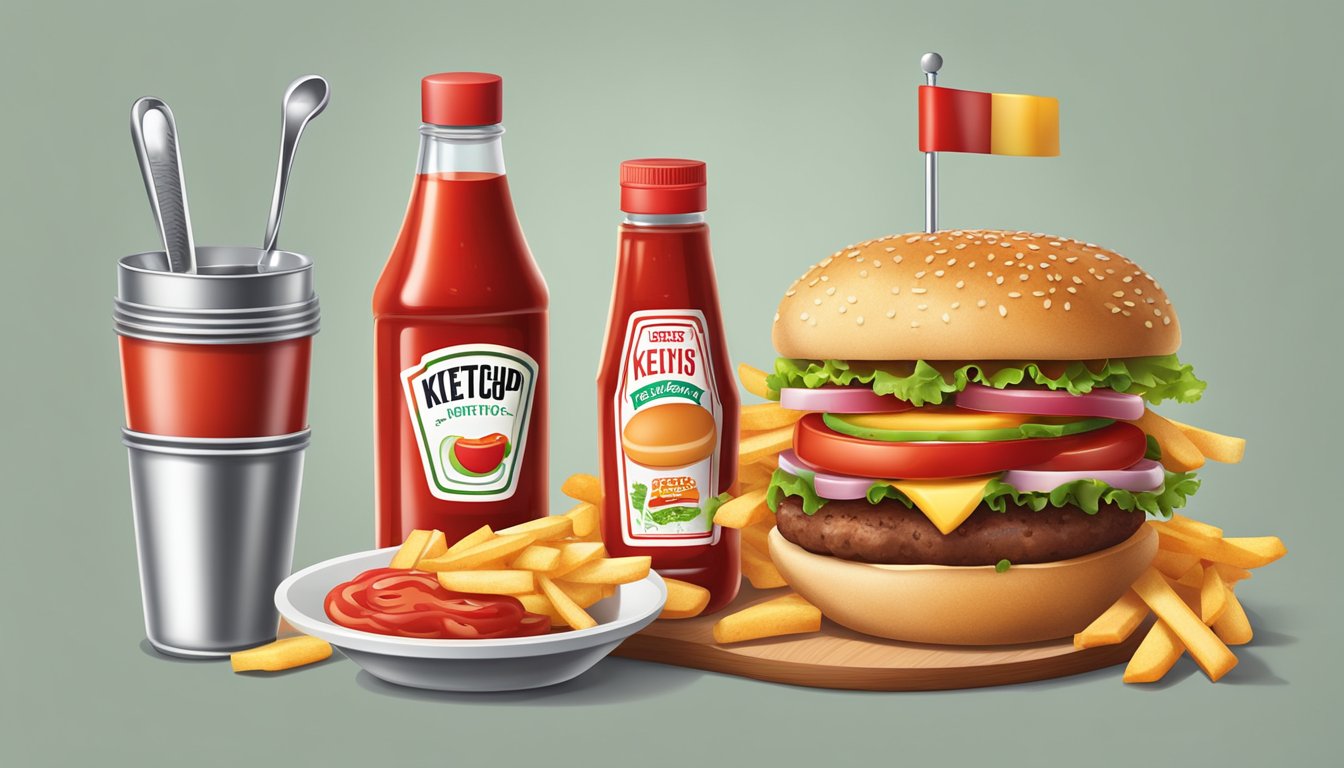 A bottle of ketchup with a measuring spoon next to it, surrounded by various food items like fries, burgers, and hot dogs